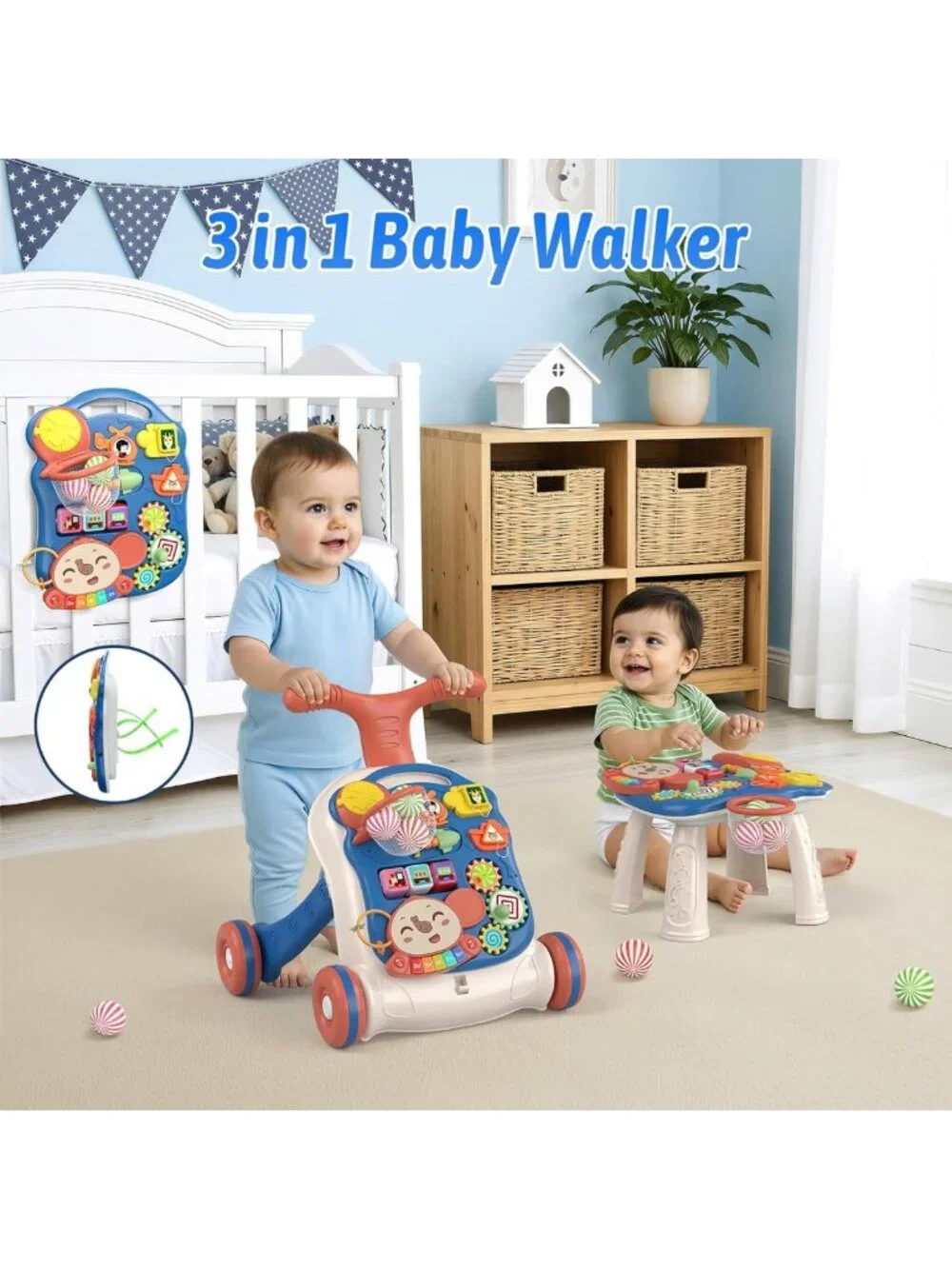 3-in-1 Baby Walker & Activity Center, Learning to Walk, Sit-to-Stand, Music Toy